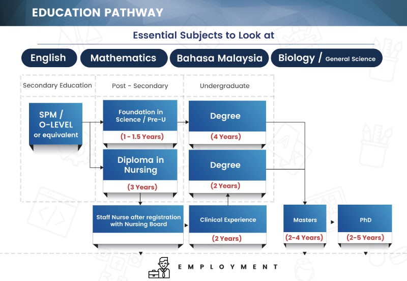 Education pathway of how nursing requirement to pursue.